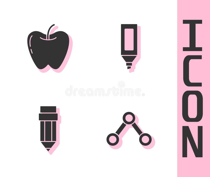 Set Molecule, Apple, Pencil with Eraser and Marker Pen Icon. Vector