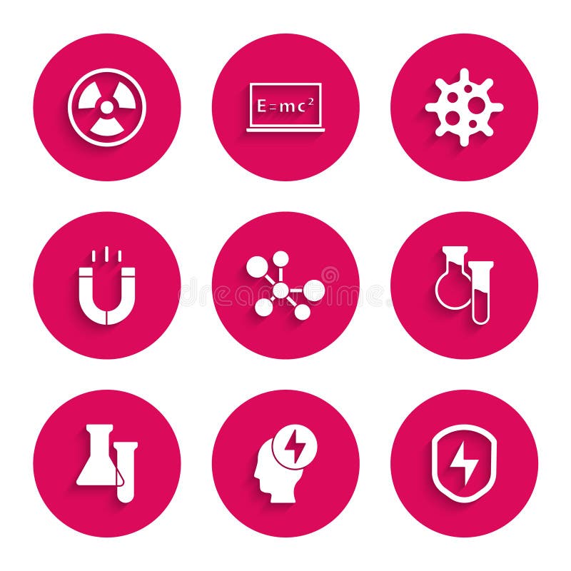 Set Molecule, Head and electric symbol, Secure shield with lightning, Test tube flask, Magnet, Virus and Radioactive royalty free illustration