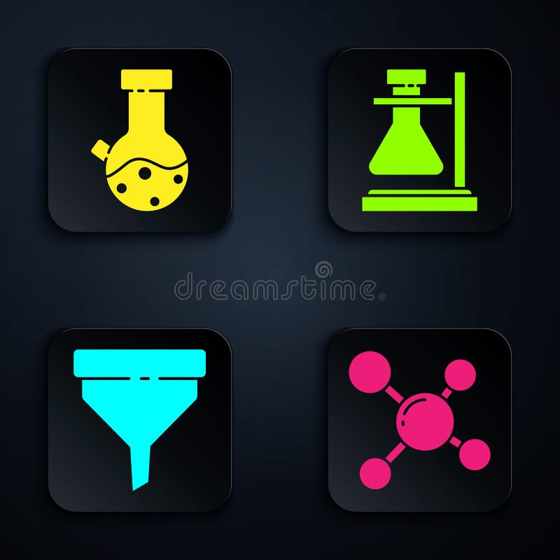 Set Molecule, Test tube and flask chemical, Funnel or filter and Test tube flask on stand. Black square button. Vector stock illustration