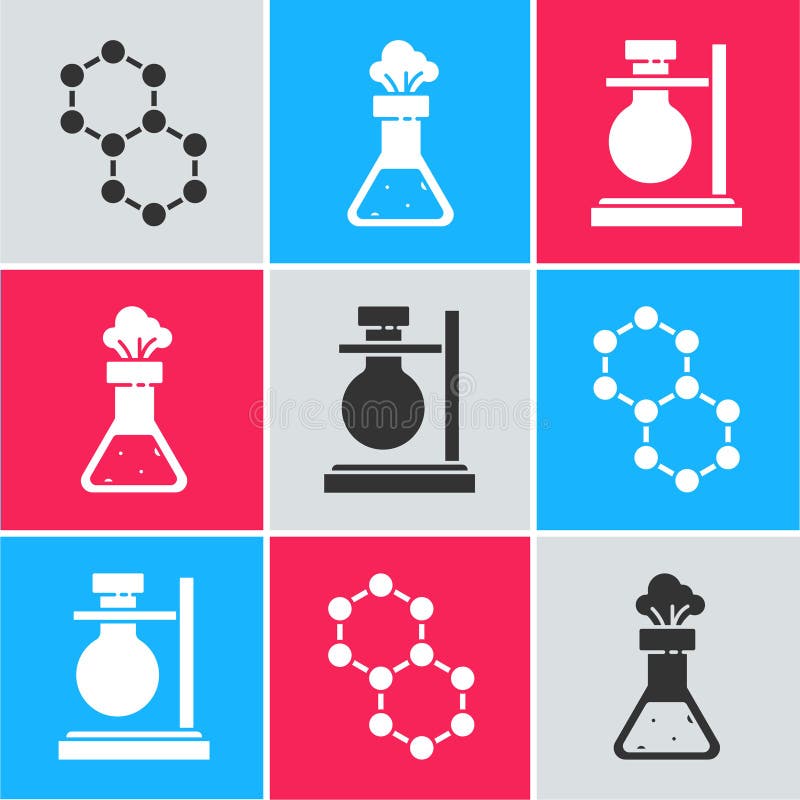 Set Molecule, Test tube and flask chemical and Test tube flask on stand icon. Vector vector illustration