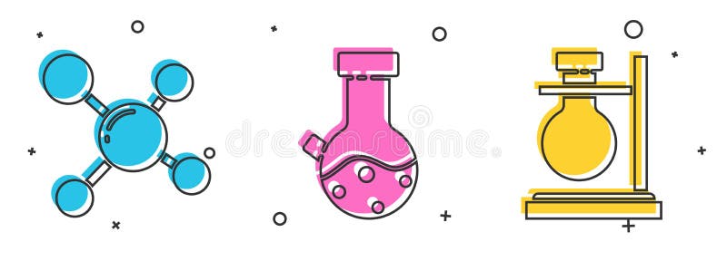 Set Molecule, Test tube and flask chemical and Test tube flask on stand icon. Vector stock illustration