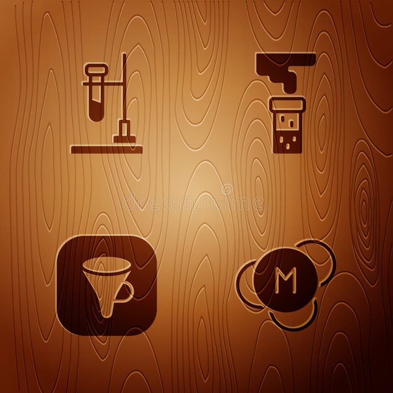Set Molecule, Test tube flask on fire, Funnel or filter and and on wooden background. Vector stock illustration