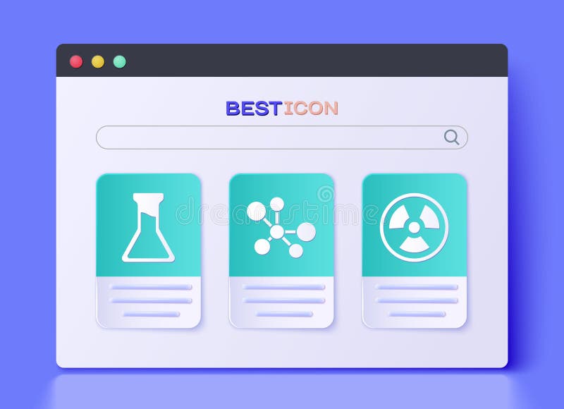 Set Molecule, Test tube and flask and Radioactive icon. Vector stock illustration