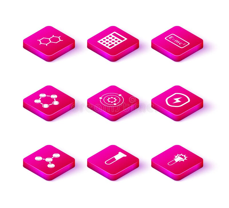 Set Molecule, Test tube and flask, Solar system, Secure shield with lightning, Equation solution and Calculator icon royalty free illustration
