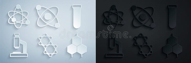 Set Molecule, Test tube, Microscope, Chemical formula, Atom and icon. Vector vector illustration