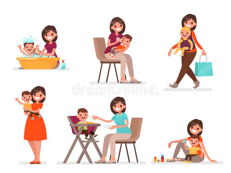Set of mom and baby. Mother feeds, bathes and plays with the child. Vector illustration