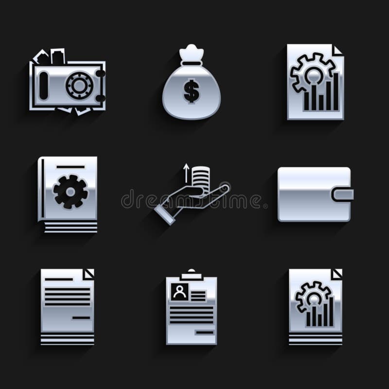 Set Money on hand, Clipboard with resume, Document graph chart, Wallet, User manual, and Safe money icon. Vector vector illustration