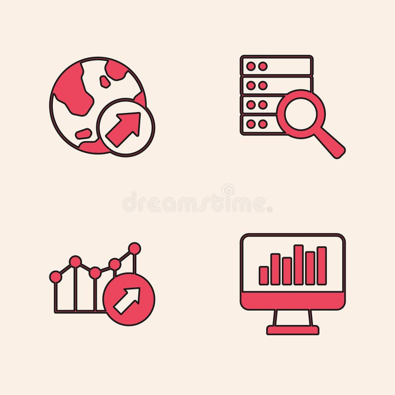 Set Monitor with Graph Chart, Financial Growth, Server and Icon. Vector