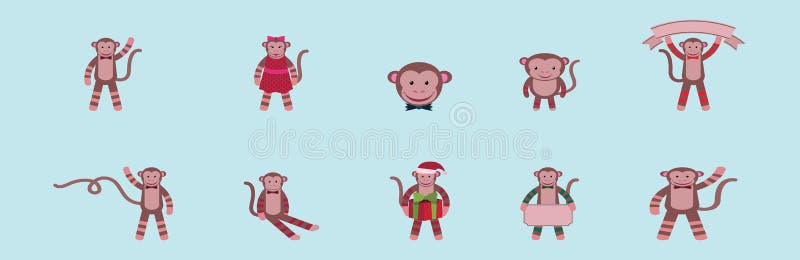 Set of monkey cartoon icon design template with various models. vector illustration isolated on blue background