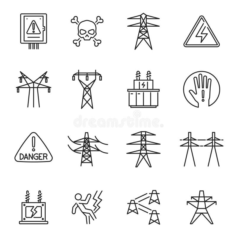 Set of monochrome high voltage transmission line icon vector electric and power engineer industry stock illustration
