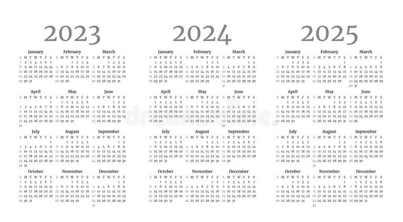 Set of Monochrome Monthly Calendar Templates for 2023, 2024, 2025 Years