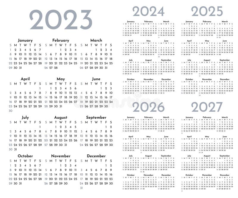 Set of Monochrome Monthly Calendar Templates for 2023, 2024, 2025, 2026