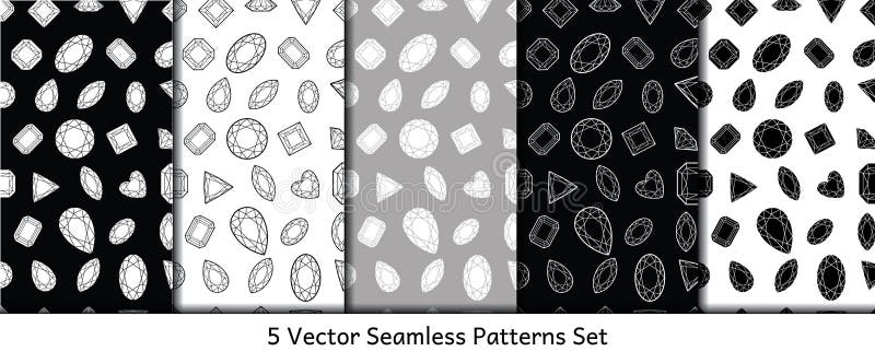 Set of 5 monochrome seamless patterns with crystals stock illustration
