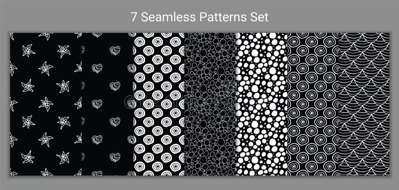 Set of 7 monochrome seamless patterns with hand drawn doodle flowers, circles, scale. Stock vector stock illustration