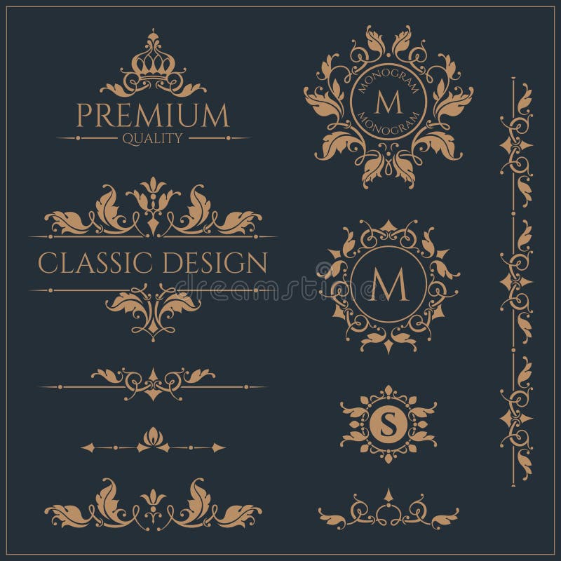 Set of monograms and borders. Graphic design pages. stock illustration
