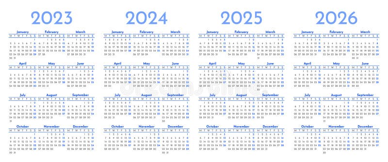 set-of-monthly-calendar-templates-for-2023-2024-2025-2026-years-stock-vector-illustration