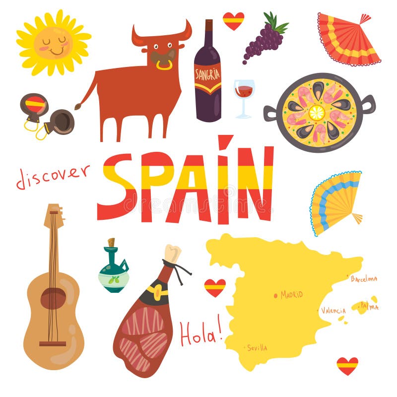 Set of More Than 12Spanish Symbols: Bull, Guitar, Map, Paella, Wine ...
