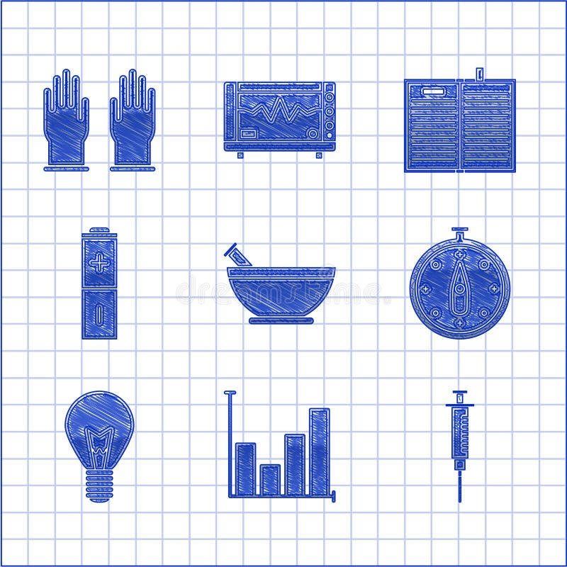 Set Mortar and Pestle, Pie Chart Infographic, Syringe, Compass, Light