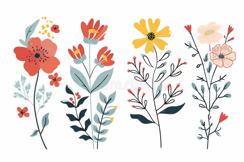 Set of Mother&#x27;s Day flowers in Scandinavian nordic style, cartoon children holiday mockup.  AI generated