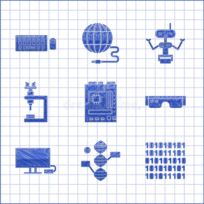 Set motherboard dna símbolo código binario gafas inteligentes tv microscopio robot y teclado y ratón. vector stock de ilustración