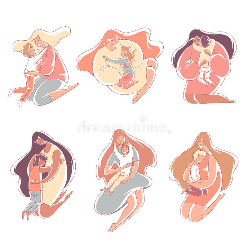 Set mothers hug children. Mother`s love. Hand drawn style vector design illustrations.