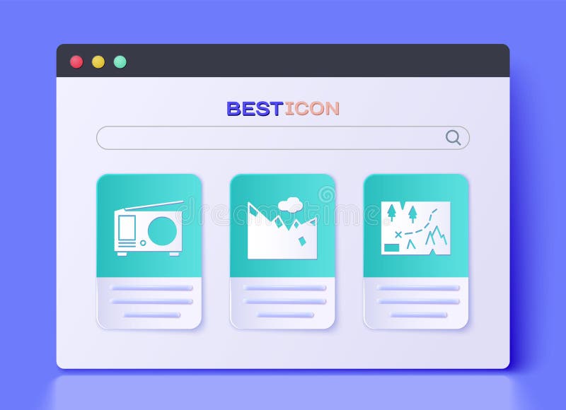 Set Mountains, Radio with Antenna and Folded Map with Location Icon