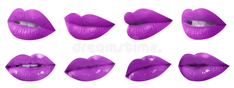 Set of mouths with beautiful makeup on background, banner design. Stylish violet lipstick