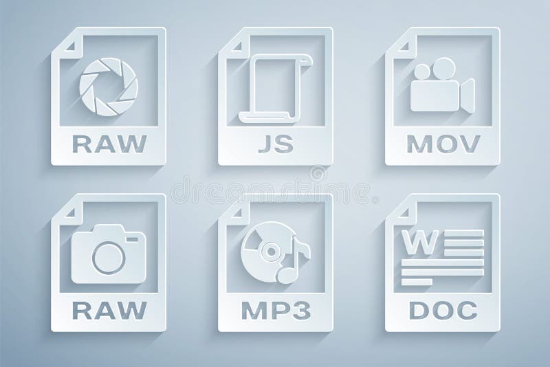 Set MP3 file document, MOV, RAW, DOC, JS and icon. Vector royalty free illustration
