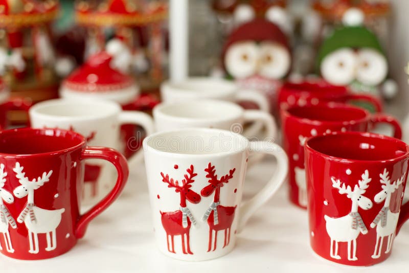 Set of mugs with deer of Christmas theme stock image