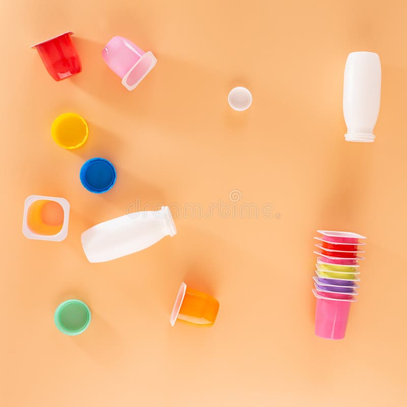 A Set of Multicolor Packaging Yogurt Jars, Empty Plastic Cups, Top