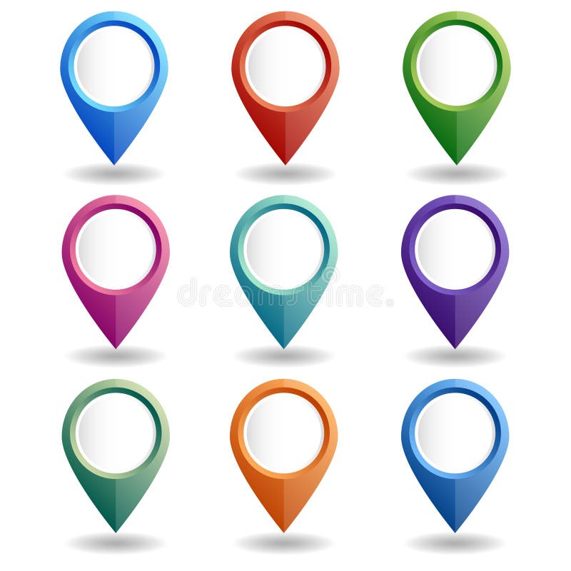 Set of multi-colored map pointers. GPS location symbol.