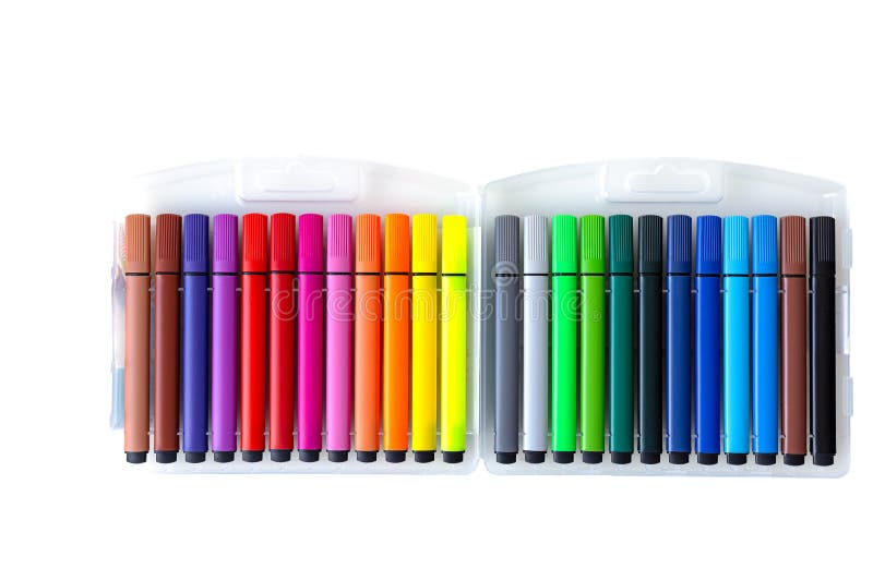 Set of multi-colored markers in a package on a transparent background. back to school, school supplies stock image