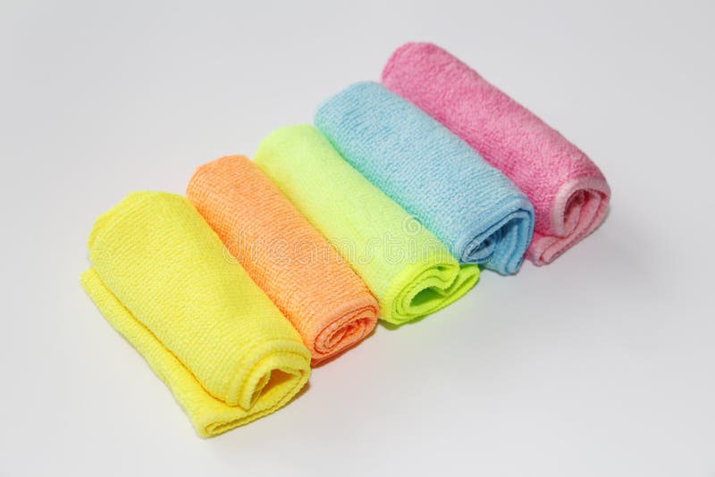 Set of Multicolored Microfiber Rags for Cleaning. Five Colored Towels