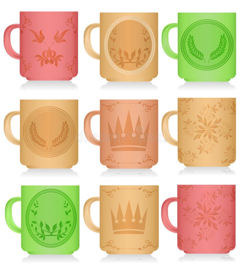 Set of multi-colored mugs with patterns