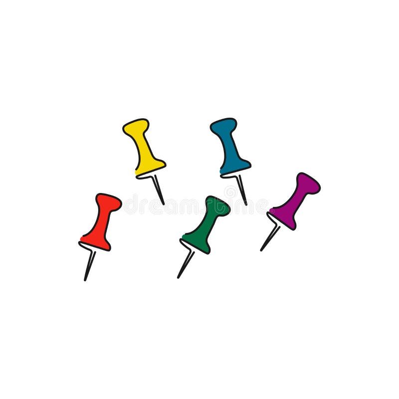 Set of multi colored push pins. Line art royalty free illustration