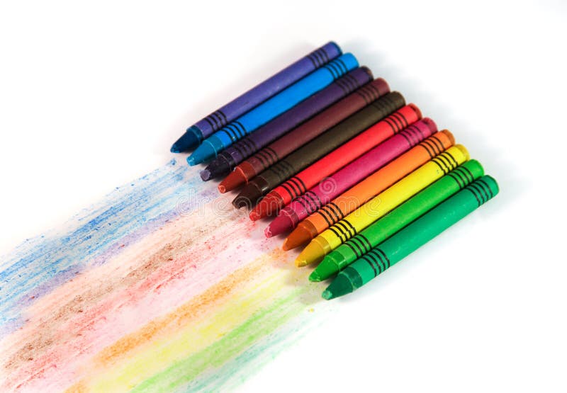 Set of Multicolored Wax Crayons with Drawing Stripes on a White Stock