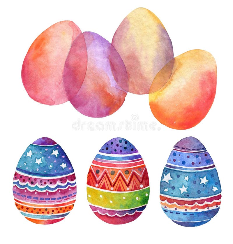 Set Of Festive Easter Eggs With Ornament. Watercolor Drawing Stock