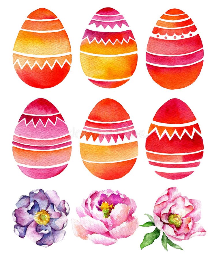 Set Of Festive Easter Eggs With Ornament. Watercolor Drawing Stock