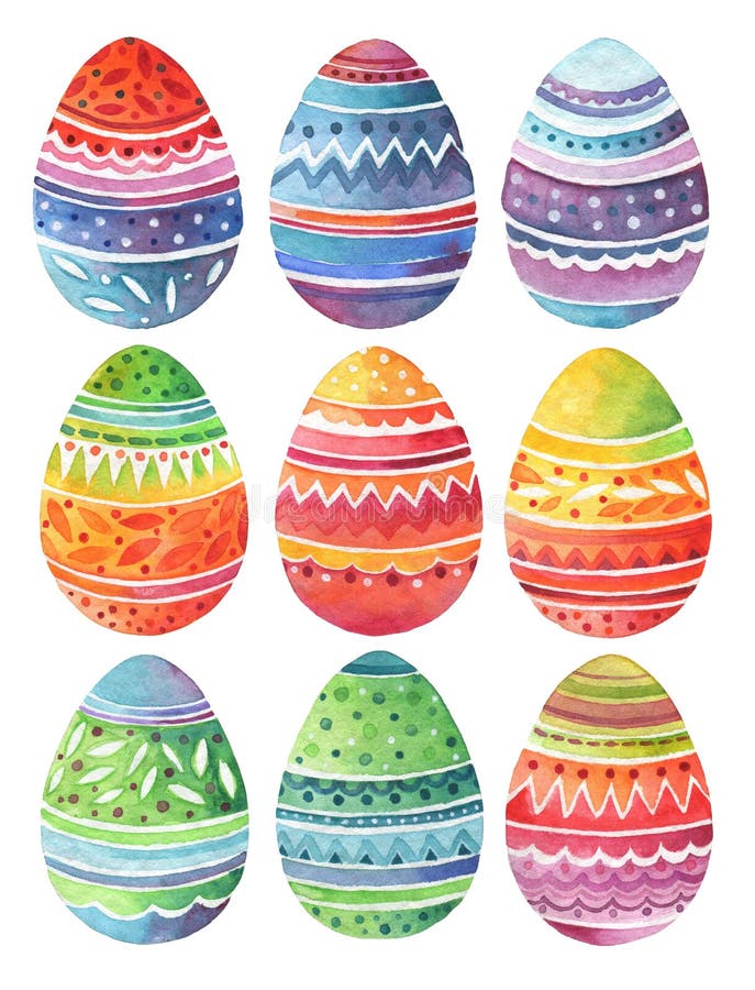 Set Of Festive Easter Eggs With Ornament. Watercolor Drawing Stock