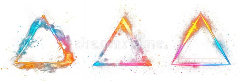 Set of multicolored glow magic triangle isolated on transparent background. A triangle of blue, red, golden sparkling stock image