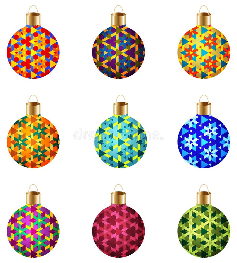 Set of 9 Multicolored Isolated Christmas Balls with Modern Decorative Ornament Stock Vector