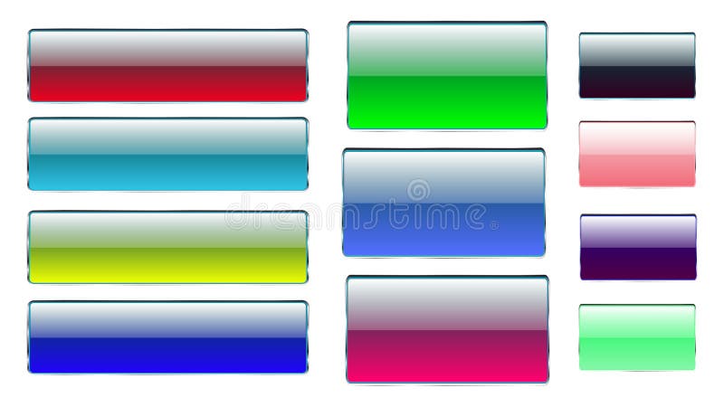 Set of multicolored rectangular and square glass transparent colorful bright beautiful vector buttons with silver metallic frame f stock illustration