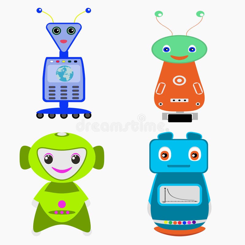 Set of multicolored robots in cartoon style. vector illustration