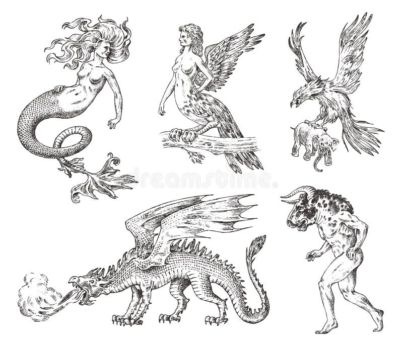 Set of Mythological animals. Mermaid Minotaur Chinese dragon Harpy Griffin Mythical Basilisk Roc Woman Bird. Greek