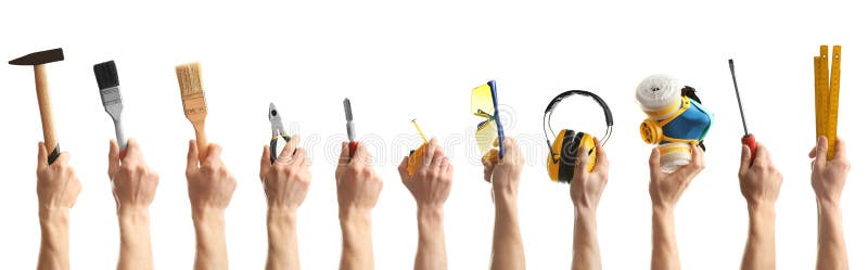Set mężczyźni trzyma różnych budów narzędzia na białym tle zdjęcie stock Set mężczyźni trzyma różnych budów narzędzia na białym tle zdjęcie stock