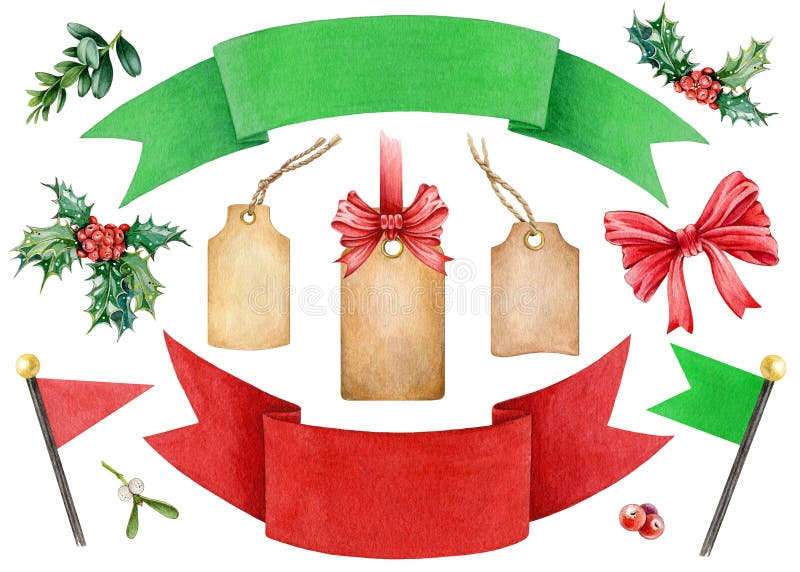 Set natalizio di pennarelli, bandiere, etichette, inchini e nastri con elementi di stagione sacri, vischio, busto e bacche Mano