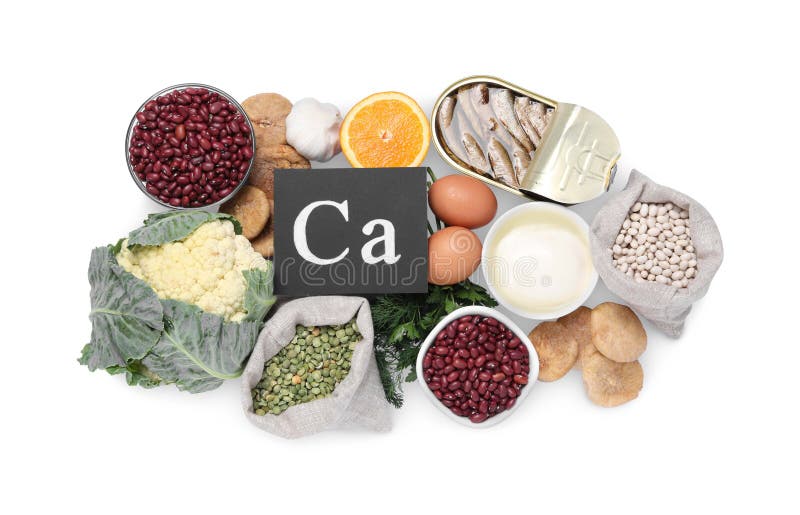 Set of Natural Food High in Calcium on White Background, Top View Stock Photo Image of bean