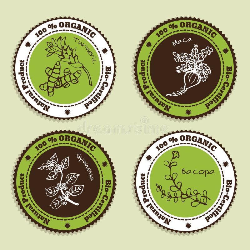 Set of Natural Organic Product badges. Collection of Ayurvedic Herbs. Natural Supplements. Turmeric, Maca, Gymnema, Bacopa stock illustration Set of Natural Organic Product badges. Collection of Ayurvedic Herbs. Natural Supplements. Turmeric, Maca, Gymnema, Bacopa stock illustration