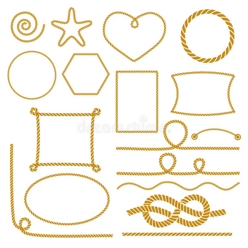 Set of nautical marine rope knots, corners and frames. Decorative elements in nautical style. Vector illustration.