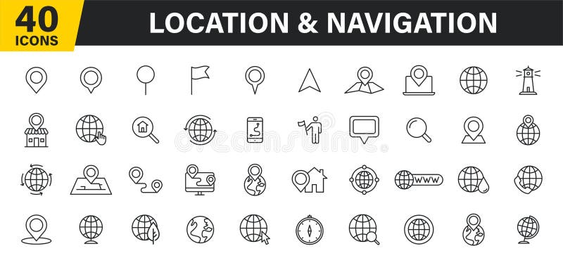 Set of 40 Navigation and location, map, globe web icons in line style. GPS, compass, global, marker, map, pointer. Vector royalty free illustration